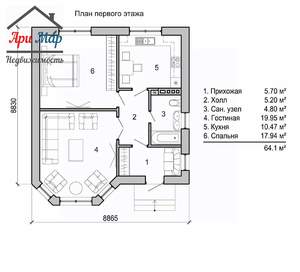 Дом 79м², 1-этажный, участок 5 сот.  