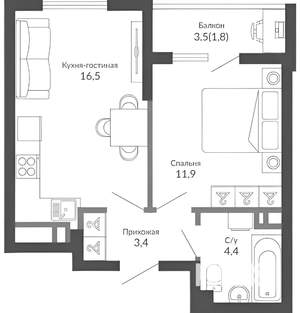 1-к квартира, на длительный срок, 40м2, 12/21 этаж