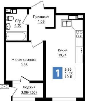 1-к квартира, вторичка, 40м2, 2/9 этаж