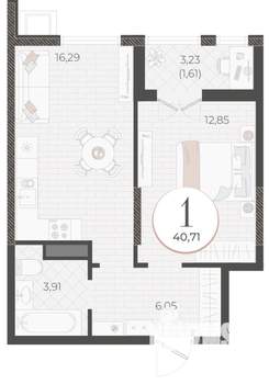 1-к квартира, вторичка, 41м2, 16/18 этаж