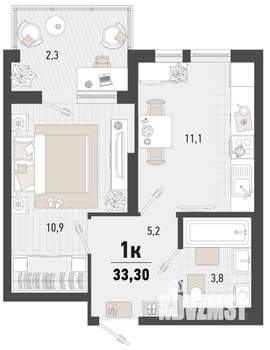 1-к квартира, строящийся дом, 33м2, 10/15 этаж