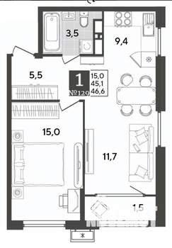 1-к квартира, вторичка, 47м2, 11/12 этаж
