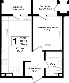 1-к квартира, вторичка, 42м2, 4/9 этаж