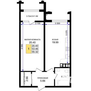 1-к квартира, строящийся дом, 55м2, 7/8 этаж