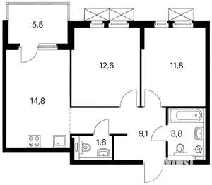 2-к квартира, вторичка, 57м2, 1/15 этаж