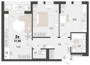 2-к квартира, строящийся дом, 52м2, 2/15 этаж