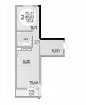 2-к квартира, вторичка, 47м2, 5/16 этаж