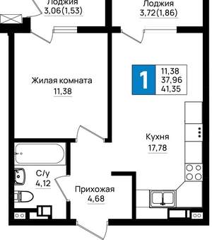 1-к квартира, вторичка, 41м2, 9/9 этаж