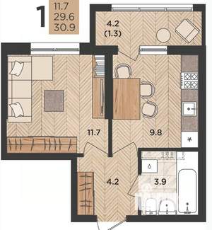 1-к квартира, сданный дом, 31м2, 9/24 этаж