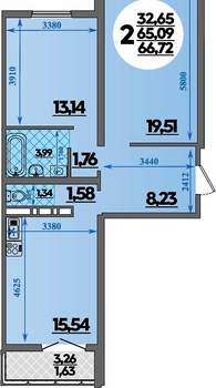 2-к квартира, вторичка, 67м2, 1/16 этаж