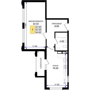 1-к квартира, строящийся дом, 55м2, 5/8 этаж