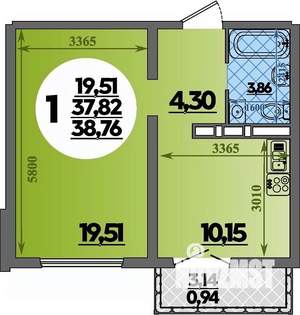 1-к квартира, строящийся дом, 39м2, 3/16 этаж