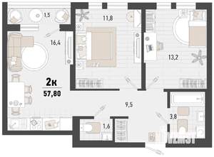 2-к квартира, строящийся дом, 58м2, 12/15 этаж