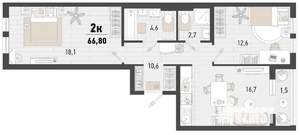 2-к квартира, вторичка, 67м2, 6/15 этаж