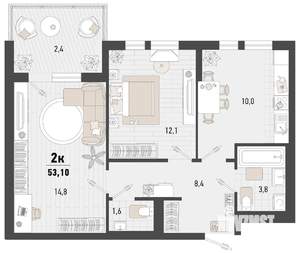 2-к квартира, строящийся дом, 53м2, 15/15 этаж
