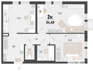 2-к квартира, строящийся дом, 54м2, 2/24 этаж