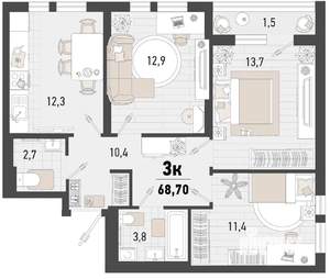 3-к квартира, строящийся дом, 69м2, 14/15 этаж