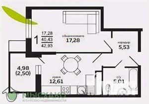 1-к квартира, вторичка, 41м2, 8/16 этаж
