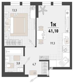 1-к квартира, строящийся дом, 41м2, 15/15 этаж