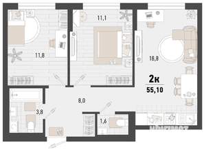 2-к квартира, строящийся дом, 55м2, 1/15 этаж