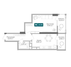 1-к квартира, вторичка, 43м2, 17/17 этаж