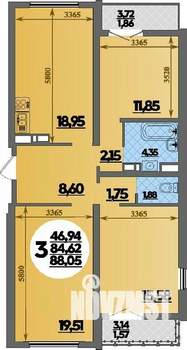 3-к квартира, строящийся дом, 88м2, 1/16 этаж