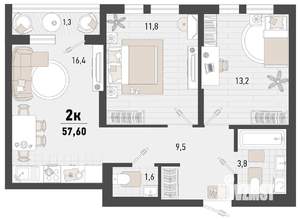 2-к квартира, строящийся дом, 56м2, 2/15 этаж