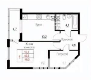 1-к квартира, вторичка, 48м2, 17/20 этаж