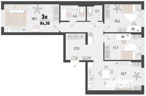 3-к квартира, строящийся дом, 86м2, 1/15 этаж
