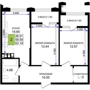 2-к квартира, вторичка, 63м2, 6/8 этаж