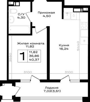 1-к квартира, вторичка, 40м2, 9/9 этаж