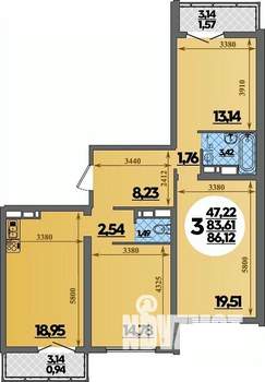 3-к квартира, строящийся дом, 86м2, 7/16 этаж