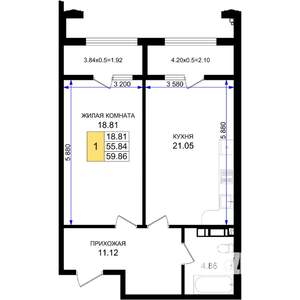 1-к квартира, вторичка, 60м2, 5/8 этаж