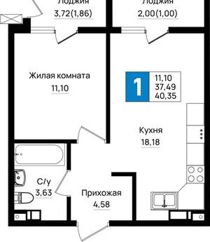 1-к квартира, вторичка, 40м2, 6/9 этаж