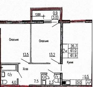 2-к квартира, вторичка, 61м2, 25/25 этаж