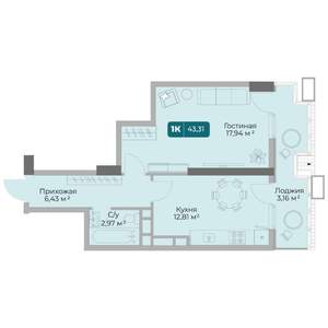 1-к квартира, вторичка, 43м2, 1/17 этаж