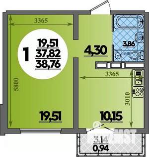 1-к квартира, строящийся дом, 39м2, 15/16 этаж