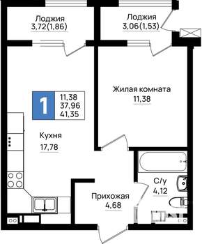 1-к квартира, вторичка, 41м2, 6/9 этаж