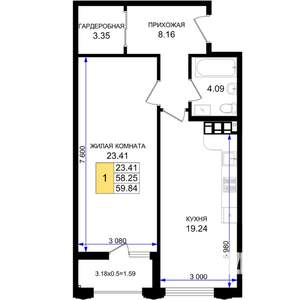 1-к квартира, строящийся дом, 60м2, 4/8 этаж