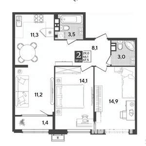 2-к квартира, вторичка, 68м2, 6/12 этаж