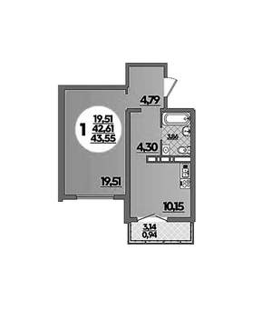 1-к квартира, вторичка, 44м2, 5/16 этаж