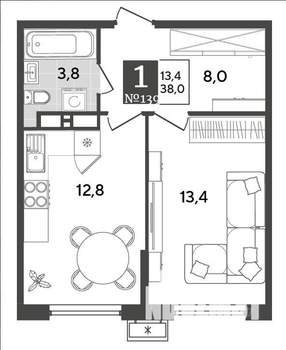 1-к квартира, вторичка, 38м2, 12/12 этаж