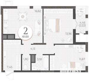 2-к квартира, вторичка, 61м2, 18/18 этаж