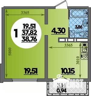 1-к квартира, строящийся дом, 39м2, 6/16 этаж
