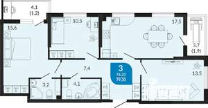 3-к квартира, вторичка, 79м2, 1/23 этаж