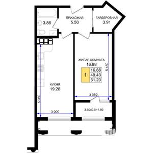 1-к квартира, вторичка, 51м2, 5/8 этаж