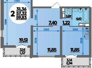 2-к квартира, вторичка, 60м2, 8/16 этаж