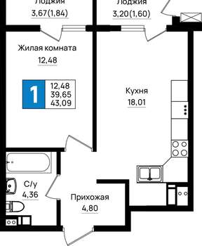 1-к квартира, вторичка, 43м2, 2/18 этаж