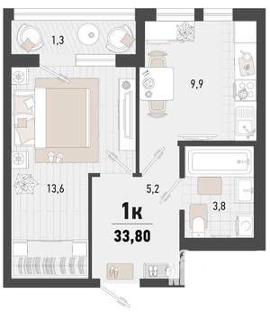 1-к квартира, строящийся дом, 34м2, 8/15 этаж