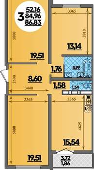 3-к квартира, вторичка, 87м2, 1/16 этаж